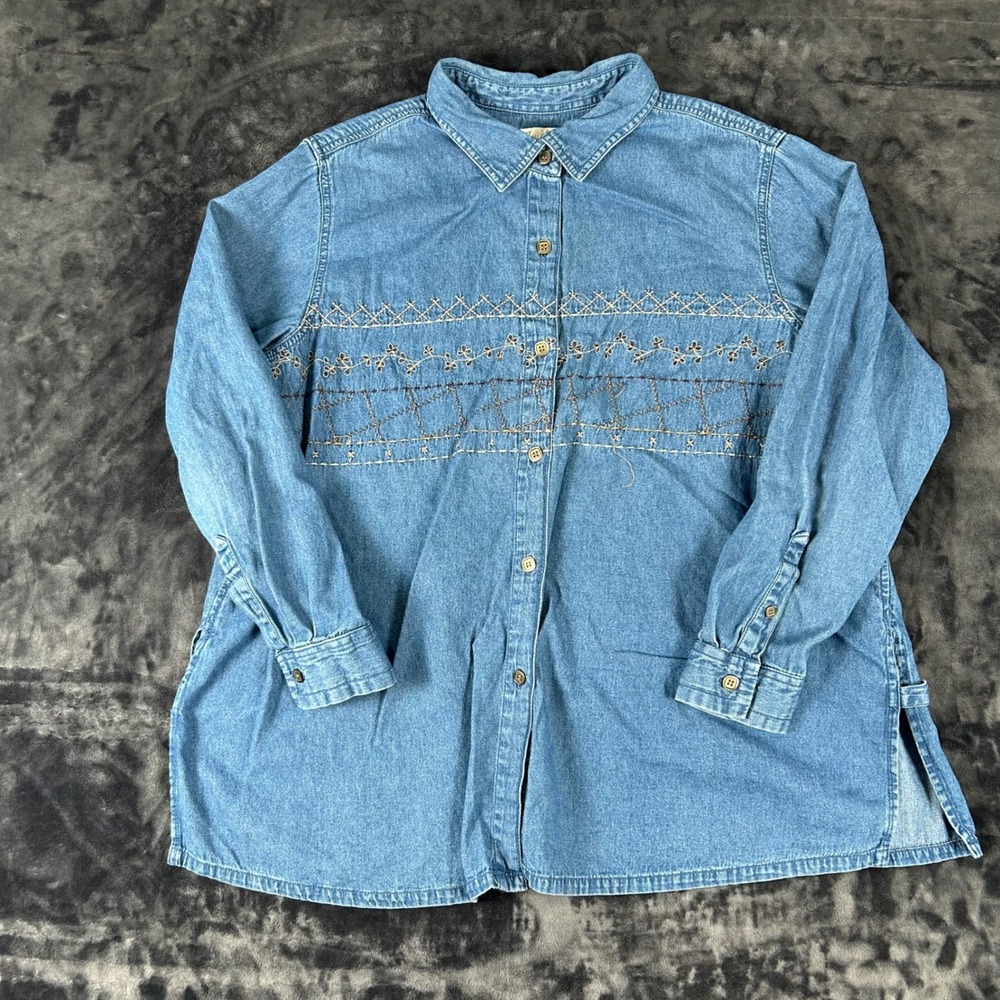 Bobbie Brooks Denim Shirt Women 22W/24W Blue Embroidered Button Down Long Sleeve